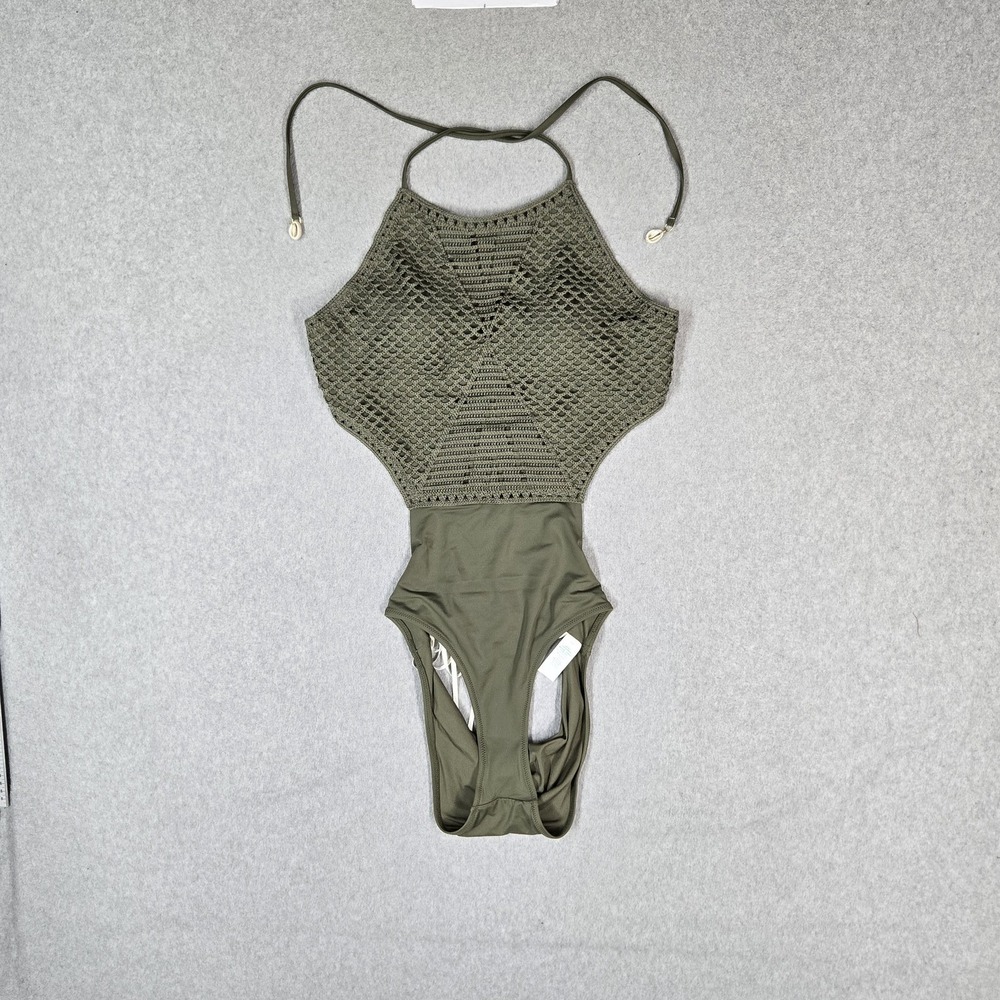 Aerie Women Swimwear M Green One-Piece Crochet Sleeveless Lined Straps NWT